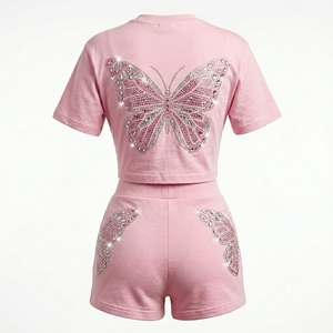 Custom Rhinestone Butterfly Girls <b>Shorts</b> Set Pink Crop Top Summer Fashion Two Piece Outfit - Product Image 2