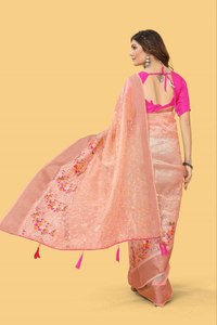 Sari en organza brodé de luxe – Bordure Zari Dori avec pièce de blouse en soie mono - Product Image 4