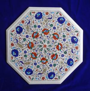 Table basse octogonale en marbre incrusté, faite à la main, style Pietra Dura, motif floral paon, luxe moderne, écologique, pour Diwali, exportation. - Product Image 2
