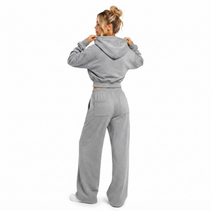Brand Customization Grey Panel Cropped <b>Zip</b> <b>Hoodies</b> Full Zipper Women's Tracksuit Heavy Fleece Utility <b>Pocket</b> Wide Jogging Outfit - Product Image 2