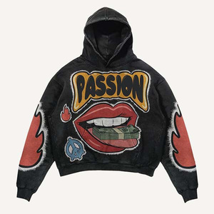 Sweat-shirt à capuche oversize pour homme, noir, en coton, style streetwear, avec poche imprimée, coupe classique, en molleton tricoté, pour l'automne - Product Image 2
