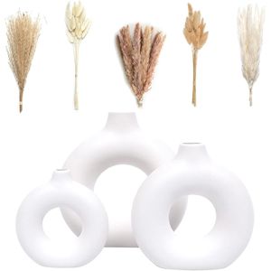 Set di 3 Vasi in Ceramica Bianca con 65 Pezzi di Fiori Secchi di Pampas, Decorazioni Estetiche Boho Moderne in Resina per Soggiorno - Product Image 1