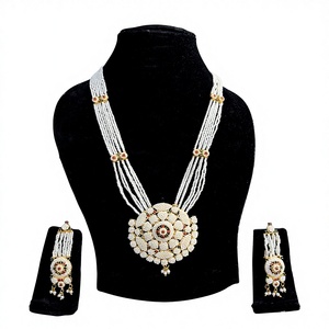 Indian Mores Traditional Gold Plated Brass Base <b>Beads</b> Pink Green Stone Raani Haar Handmade Jaal Puwai Necklace Women Wedding - Product Image 1