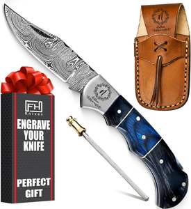 Cuchillo Plegable de Bolsillo de Acero de Damasco Forjado a Mano con Funda de Cuero, Regalo OEM, Uso en Exteriores, Alta Durabilidad 58HRC, Cuchillo de Apertura Deslizante - Product Image 3