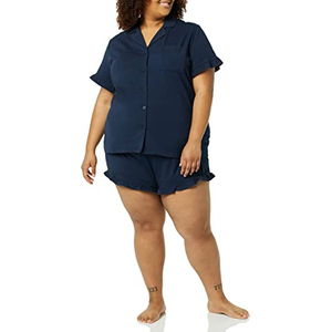 Conjunto de 2 Piezas para Mujer, Color Azul Marino, Camiseta de Manga Corta con Botones, Corte Holgado, Informal, Primavera-Verano, Algodón y Fibra de Bambú, Color Sólido - Product Image 6