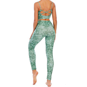 Green Tie Dye Yoga Set High Waist Leggings Crop <b>Top</b> 2 Piece Activewear Full Length Spaghetti Strap Scoop Neck Sportswear - Product Image 5