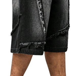 Mens <b>Black</b> Denim Bermuda <b>Shorts</b> Loose Fit Casual Streetwear Knee Length <b>Shorts</b> Distressed Frayed Panel Design Washed Fashion - Product Image 5