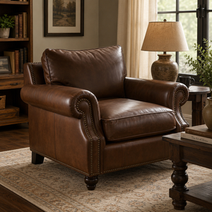 Modern Genuine Leather Single <b>Sofa</b> Chair with Rolled Arms and Solid Wood Frame Leather <b>Sofa</b> for Living Room Furniture - Product Image 1
