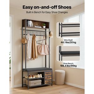 Appendiabiti da ingresso 3-in-1 da 70,9 pollici con panca portascarpe e libreria, organizer con 3 cassetti - Product Image 4