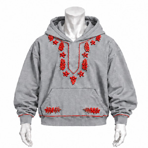 Sweat-shirt à capuche gris clair Indus brodé, motif floral, poche kangourou, coupe décontractée, streetwear décontracté, pull d'hiver - Product Image 1