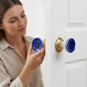 Blue Ceramic <b>Door</b> <b>Knob</b> with <b>Gold</b> Base Round Traditional Style for Cabinet Furniture Handle - Product Image 5