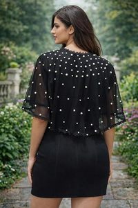 Women's Black Sheer <b>Poncho</b> Cape with Pearl Embellishments, Lace Trim Detail, Bell Sleeves - Product Image 2