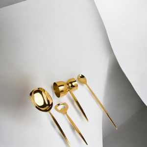 Gold Plated Serving Spoon Set <b>Mirror</b> Finish Long Handle Modern Luxury Metal Utensils Gift Ready - Product Image 2