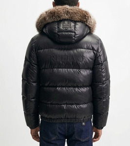 Veste matelassée noire en PU pour homme avec capuche en fourrure, logo embossé, fermeture éclair, manteau décontracté d'hiver pour homme - Product Image 6