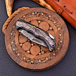 Couteau pliant Short Sign Forge en acier Damas de qualité industrielle, manche en bois Pakka noir, étui, couteau de chasse EDC de poche - Product Image 4
