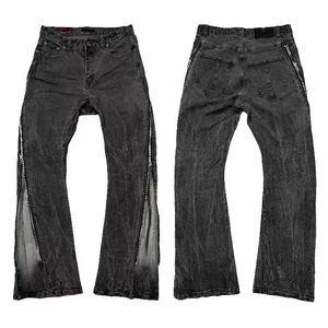 Pantalones Cargo de Mezclilla Negra con Lavado Ácido, Cierre Lateral, Estilo Campana, Pierna Ancha, para Hombre, Personalizados, OEM ODM - Product Image 1