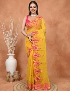 KV Women's Printed Kota Pure Cotton <b>Saree</b> with Unstitched Blouse (<b>Yellow</b>) Reversible Quick Dry Wrinkle Free Autumn - Product Image 2