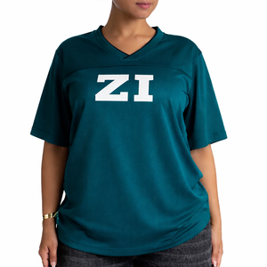 Camiseta de fútbol americano de malla lisa para mujer, cuello en V oversize, top deportivo de poliéster, personalizable, servicio mayorista OEM a granel - Product Image 1