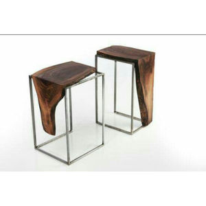 Socle en acier inoxydable argenté brillant poli avec dessus en bois d'acacia de qualité supérieure, tables basses et tables d'appoint de luxe design. - Product Image 1