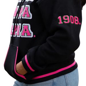 Sweat à capuche noir pour femme, broderie chenille lettres grecques, bordure rose, polaire premium, pull décontracté pour l'hiver - Product Image 6