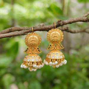 Matte Gold South Indian Jhumka Hoop Earrings with Diamond and Pearl - Product Image 2