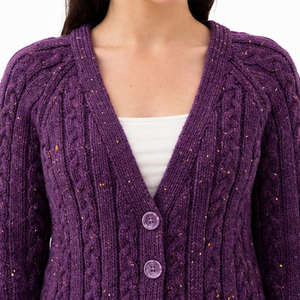 Cardigan tricoté violet pour femme, manches longues, col en V, couleur unie, style décontracté, maille ouverte, tricoté à la main, pour l'automne - Product Image 4