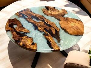 โต๊ะกาแฟไม้เนื้อแข็งขอบโค้งธรรมชาติเคลือบอีพ็อกซี่เรซิ่นสีเขียวทะเล โต๊ะกลางสไตล์โมเดิร์น - Product Image 2