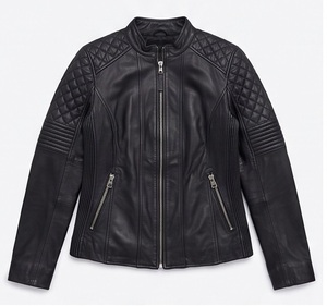 Chaqueta de cuero negra para mujer al por mayor, estilo motociclista con acolchado de diamantes en los hombros, corte ajustado personalizado, cremallera completa, proveedor de prendas de abrigo. - Product Image 4