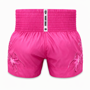 Pantalones Cortos de Muay Thai de Moda, Pantalones Cortos de Boxeo Tailandés de Satén Rosa, Pantalones Cortos de Pierna Ancha para Entrenamiento de Kickboxing, Fabricante OEM - Product Image 2