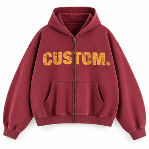 Custom Burgundy Washed <b>Zip</b> Up <b>Hoodie</b> Oversized Graphic Hooded Sweatshirt with Split <b>Pocket</b> OEM Private Label Streetwear - Product Image 1
