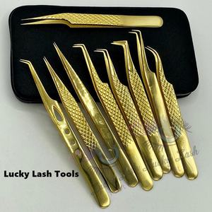 Customized Logo Gold Plasma Stainless Steel Ladies Eyelash Tweezers Different Shapes <b>Volume</b> Fiber Tip Beauty Tool - Product Image 1