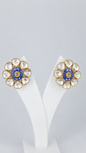 Premium Handmade Fashion rodhium Plated <b>Blue</b> Center Floral Kundan <b>Earrings</b> Elegant Party Wear Jewelry - Product Image 3