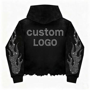 Custom Rhinestone <b>Hoodie</b> DTG Print 100% Cotton Full <b>Zip</b> <b>up</b> <b>Cropped</b> Raw Hem Hoodies Zipper Screen Printing <b>Hoodie</b> French Terry - Product Image 1