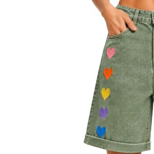 Shorts de Mezclilla para Mujer, Color Verde Salvia, con Corazón Arcoíris Bordado, Cintura Alta, Corte Holgado Informal, Dobladillo Enrollado, Algodón, Moda Verano - Product Image 3