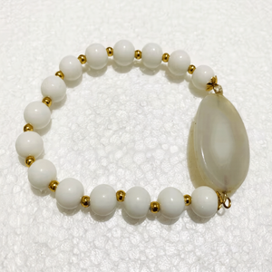 White Crystal Stone <b>Bracelet</b> With Raw Stone Center Polished Beads Gold Accents Art Collectible Jewelry - Product Image 5