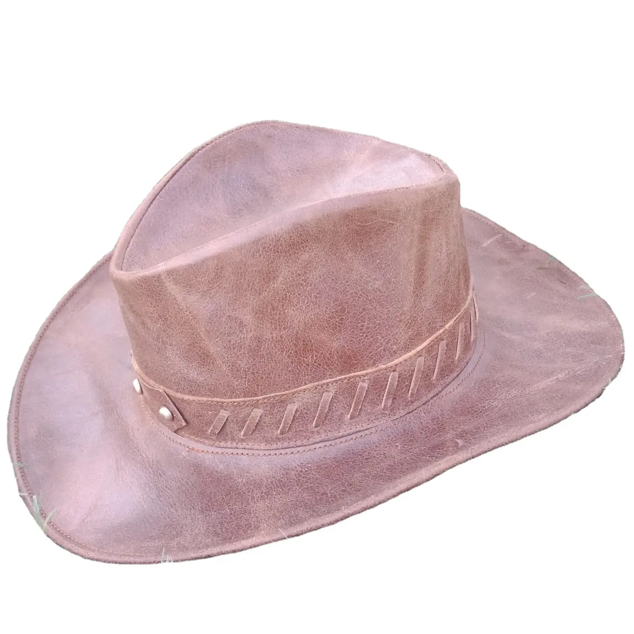 Vintage Cowboy Leather Hats Pinched Cattleman Brick Gus Gambler Hats Unique Stylish Genuine Leather Open Crown Brown Unisex ALH1
