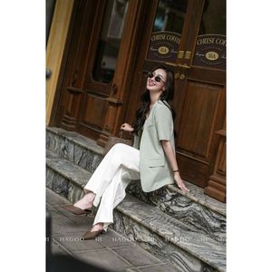 Women's HAGOO Solid Loose-Fitting Wool Blend Blazer Embroidery V-Neck Collar Pockets Short Sleeves Office Commute Outerwear - Product Image 5