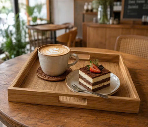 Plateau de service rectangulaire en bois d'hévéa avec poignée, pour hôtel, café, OEM, logo personnalisé, Vietnam, HORECA, fabriqué au Vietnam - Product Image 6