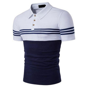 Polo à manches courtes pour homme, blanc et bleu marine, à blocs de couleurs, tricoté, décontracté, à rayures - Product Image 1