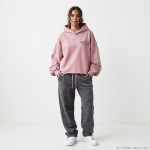 Ensemble survêtement streetwear rose personnalisé pour femme avec strass, en molleton de coton, coupe oversize, vente en gros OEM - Product Image 1