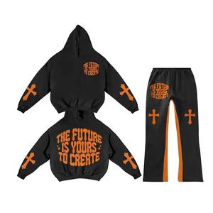 Customized 3D <b>Puff</b> Print Flare Sweatpants and Hoodie Sets Cotton Fleece Sweatsuit Set Plain Flare Stacked Joggers Track Pant Set - Product Image 2