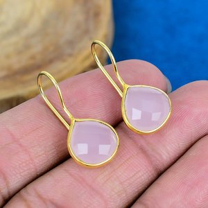 Natural Handmade Pink Quartz Heart Shape Gemstone Hook Earrings 18k Micron Gold Over 925 <b>Sterling</b> <b>Silver</b> - Product Image 1