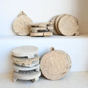 Vintage White Wash Wooden Chapati <b>Rolling</b> Board Cookies Design Plate Hand Carved Floral Decorative Kitchen Decor - Product Image 2