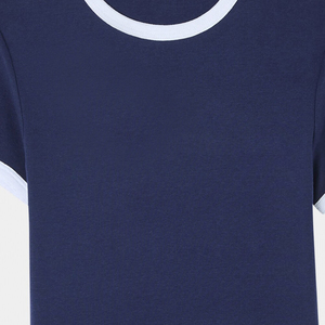 Camiseta Corta Azul Marino para Mujer, Cuello Redondo, Manga Corta, Color Sólido, Ribete en Contraste, Transpirable, de Algodón - Product Image 5