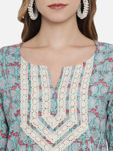 Ensemble Kurti vintage en coton à imprimé floral pour femme, col en V, manches trois quarts, robe longue trapèze avec broderie en dentelle - Product Image 6