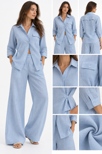 Conjunto de Camisa Azul Claro y Pantalones Anchos con Estampado Dibujado a Mano, Ropa Casual Lavada al por Mayor para B2B, Proveedor en Línea - Product Image 3
