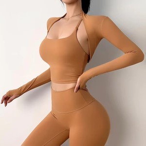 Long Sleeve <b>Ruched</b> High Waist Seamless Yoga Set Crew Neck Full Length Solid Color 3 Piece Set Spandex/Nylon Four-Way - Product Image 4