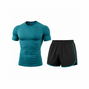 Ensemble de vêtements de sport pour homme, t-shirt de course, short de sport, entraînement en salle de sport, fitness, vêtements de sport actifs, maille polyester/coton, séchage rapide - Product Image 1