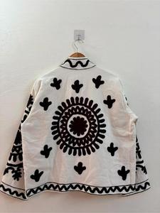 Vintage <b>White</b> Velvet Embroidered Suzani <b>Jacket</b> With Black Floral Pattern Full Sleeve Stand Collar Handmade Bohemian Tribal Coat - Product Image 2
