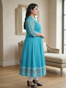 Teal Zig Zag Geometric Print Anarkali <b>Kurti</b> In Cotton Fabric For Plus Size Women's Round Neck Three Quarter Sleeves - Product Image 3